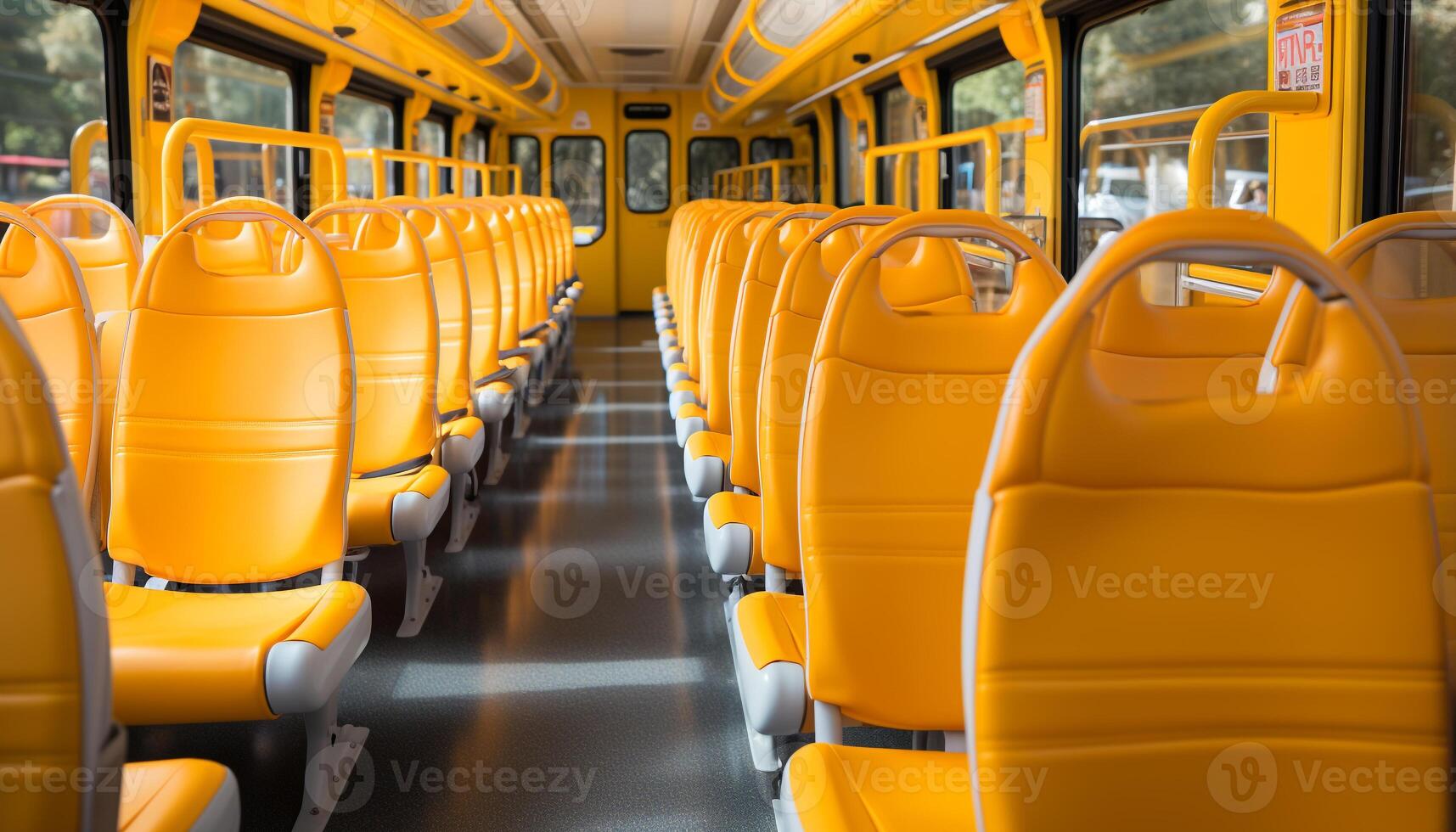 ai generado vacío autobús asientos en un fila, esperando para pasajeros a viaje generado por ai foto
