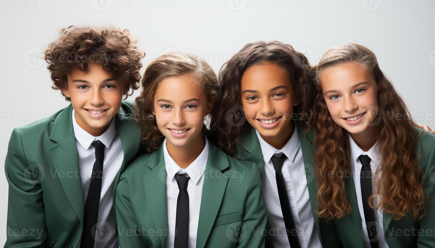 AI generated A cheerful group of children in school uniforms smiling together generated by AI photo