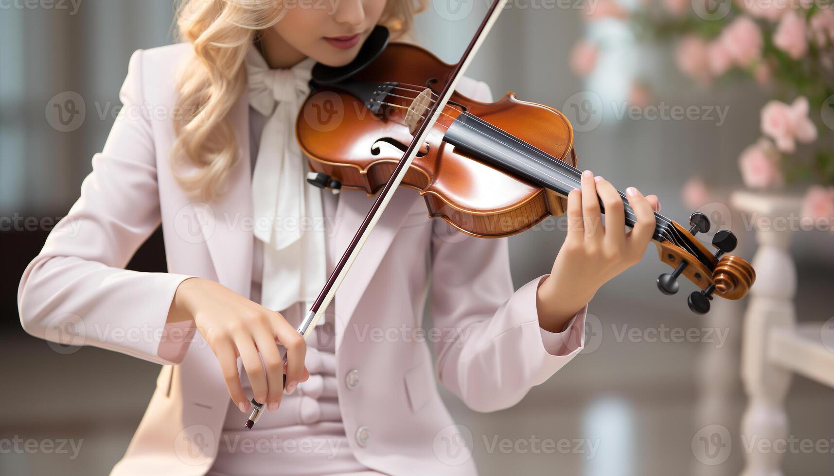 AI generated Young adult Caucasian woman, a professional violinist, skillfully playing the violin generated by AI photo