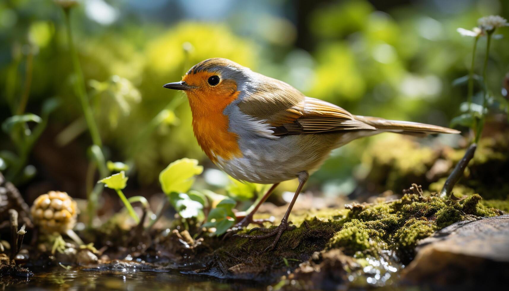 AI generated Cute bird perching on branch, surrounded by natural beauty generated by AI photo