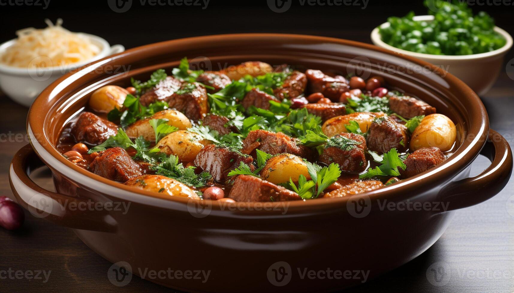 AI generated Freshly cooked gourmet beef stew served in a rustic bowl generated by AI photo