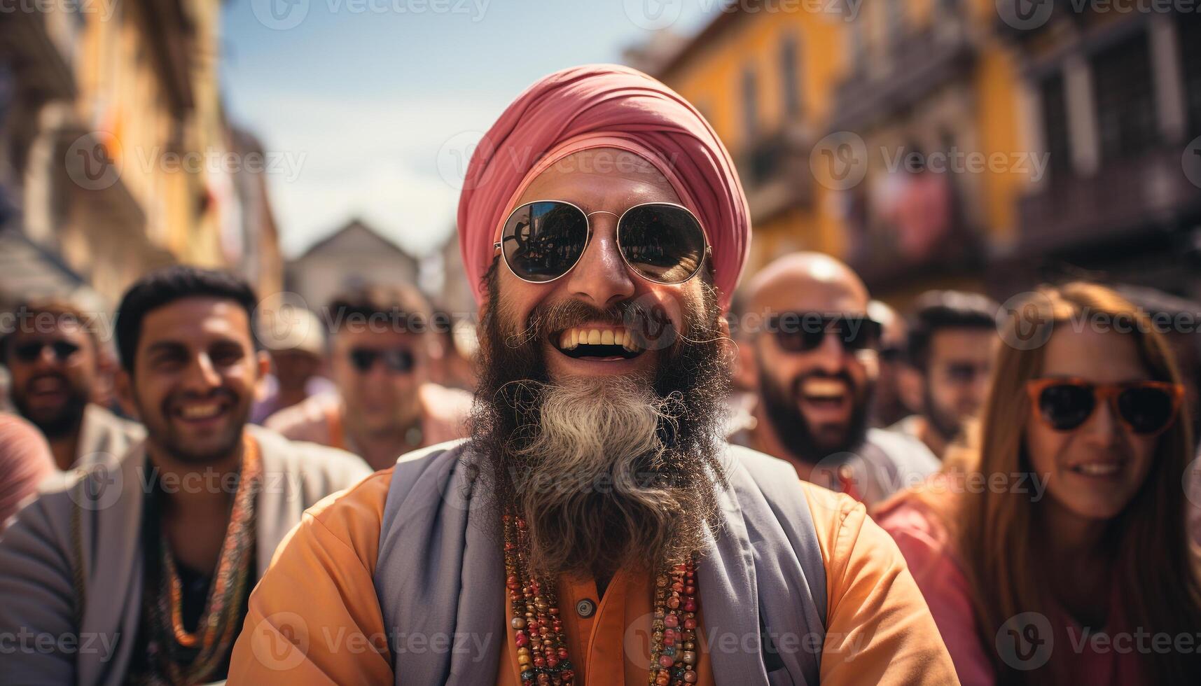 ai generado un alegre grupo de personas sonriente, mirando a cámara al aire libre generado por ai foto