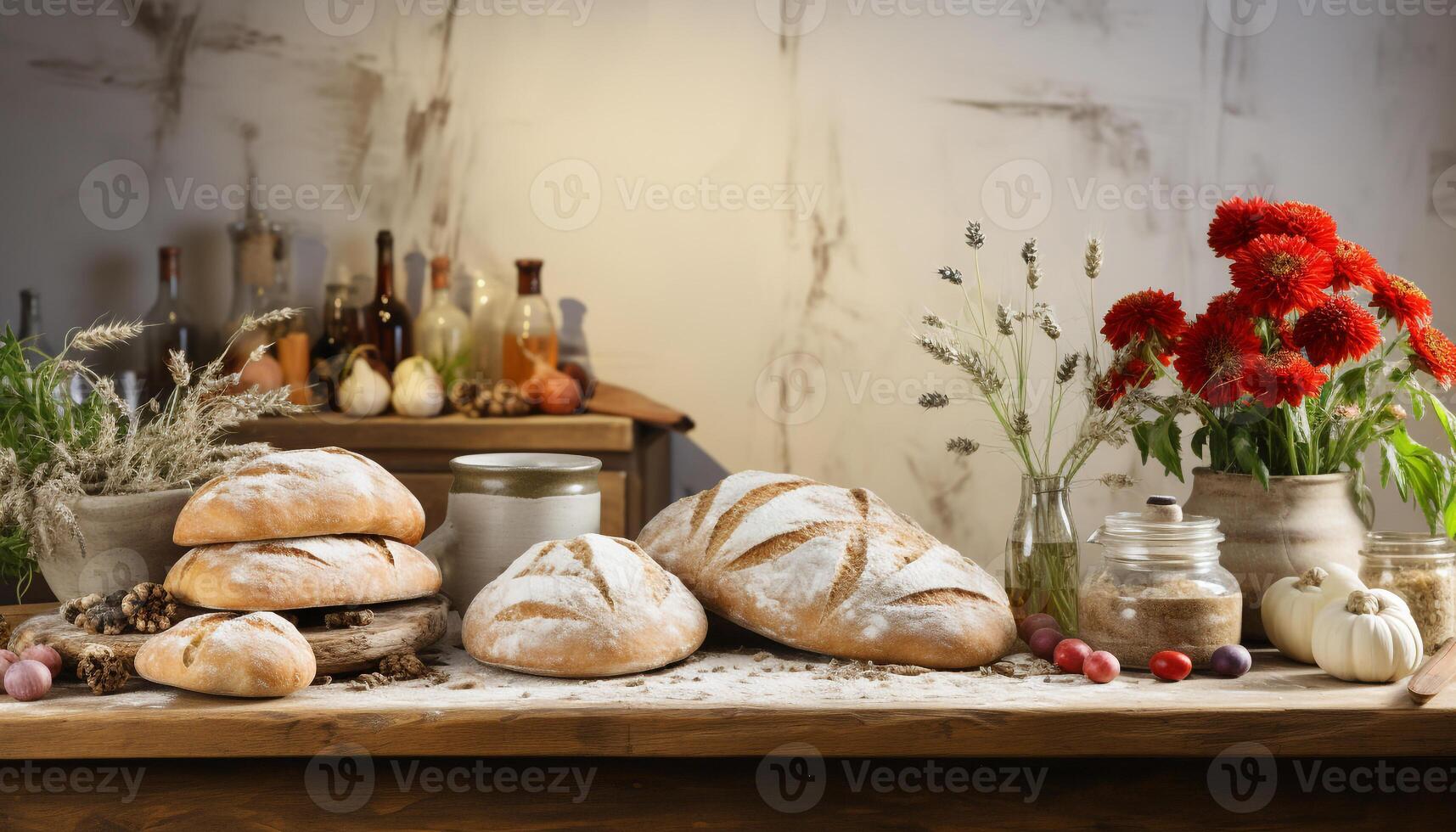 AI generated Freshly baked bread on wooden table, a rustic still life generated by AI photo