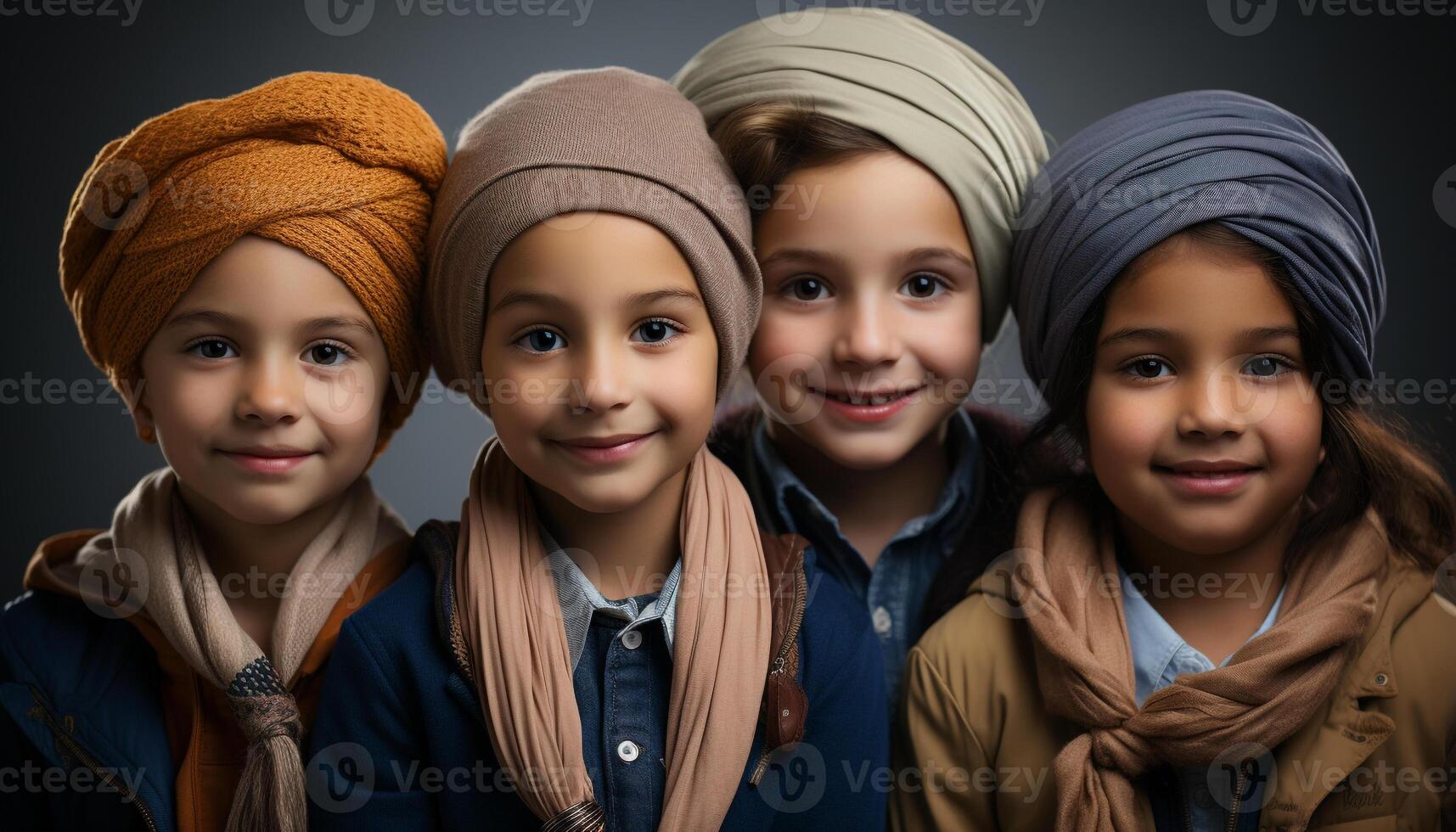 ai generado sonriente Niños y chicas, linda infancia, alegre amistad, alegre grupo generado por ai foto