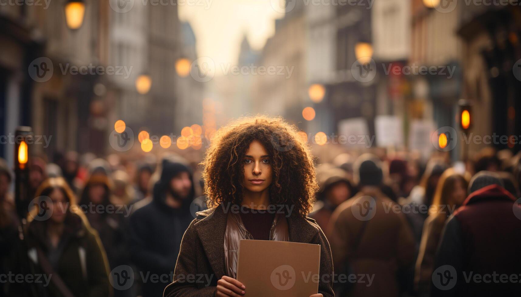 AI generated Young adults walking in the city, illuminated by street lights generated by AI photo
