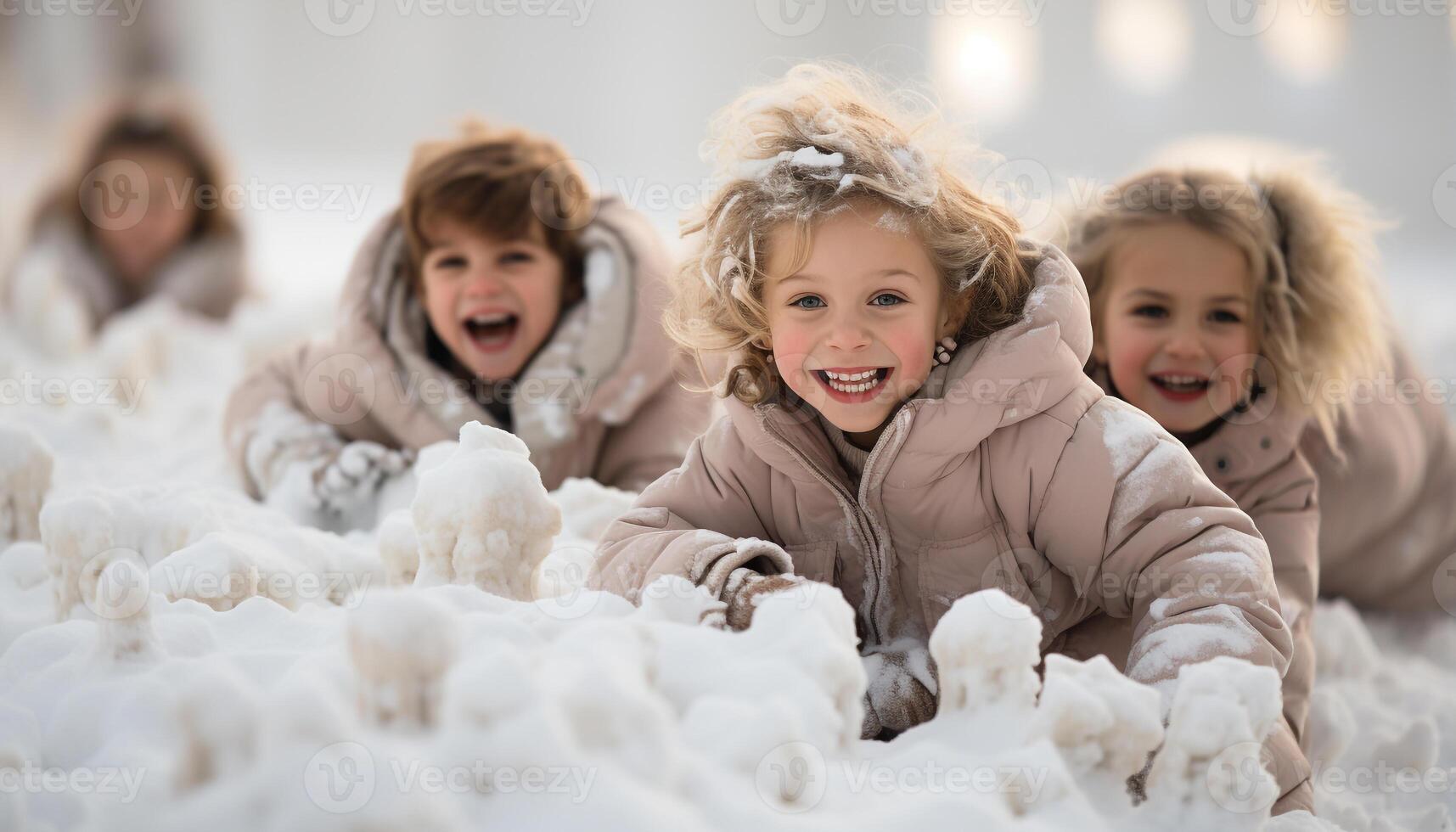 AI generated Smiling girls playing in the snow, cheerful winter fun together generated by AI photo