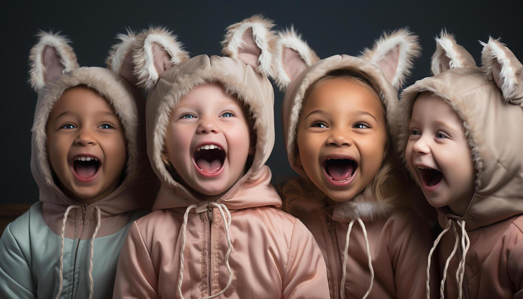 AI generated Cute children playing, laughing, screaming, celebrating Halloween in costumes generated by AI photo