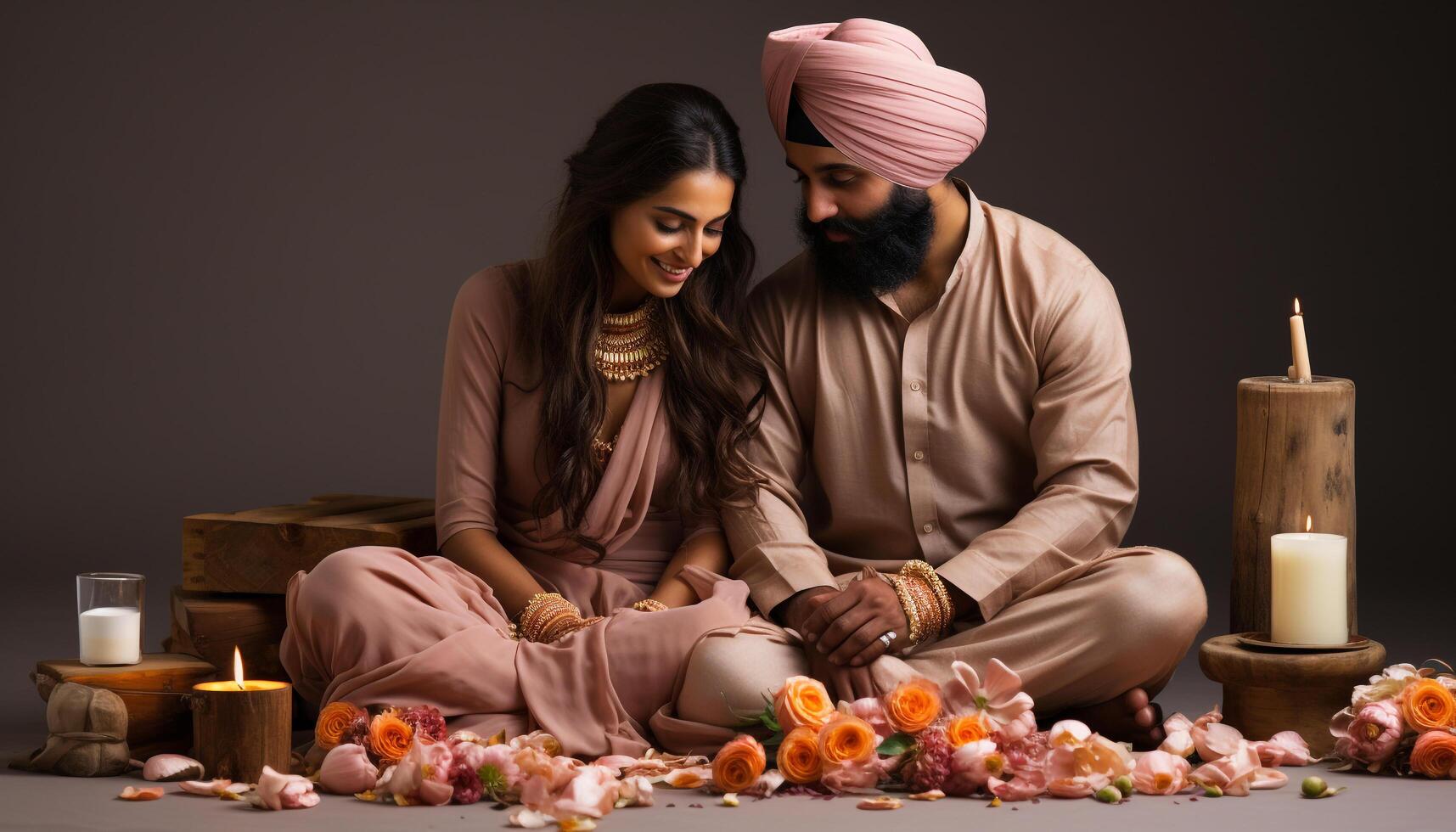 ai generado joven Pareja sentado adentro, sonriente, en tradicional ropa, celebrando amor generado por ai foto