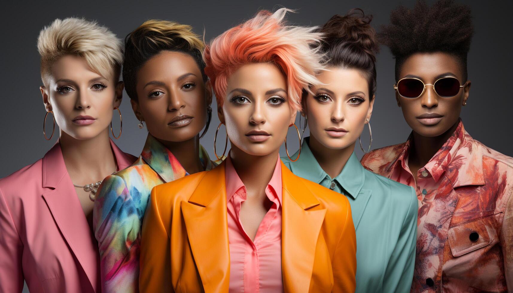 AI generated Young adult fashion model in a multi ethnic group, looking confident generated by AI photo