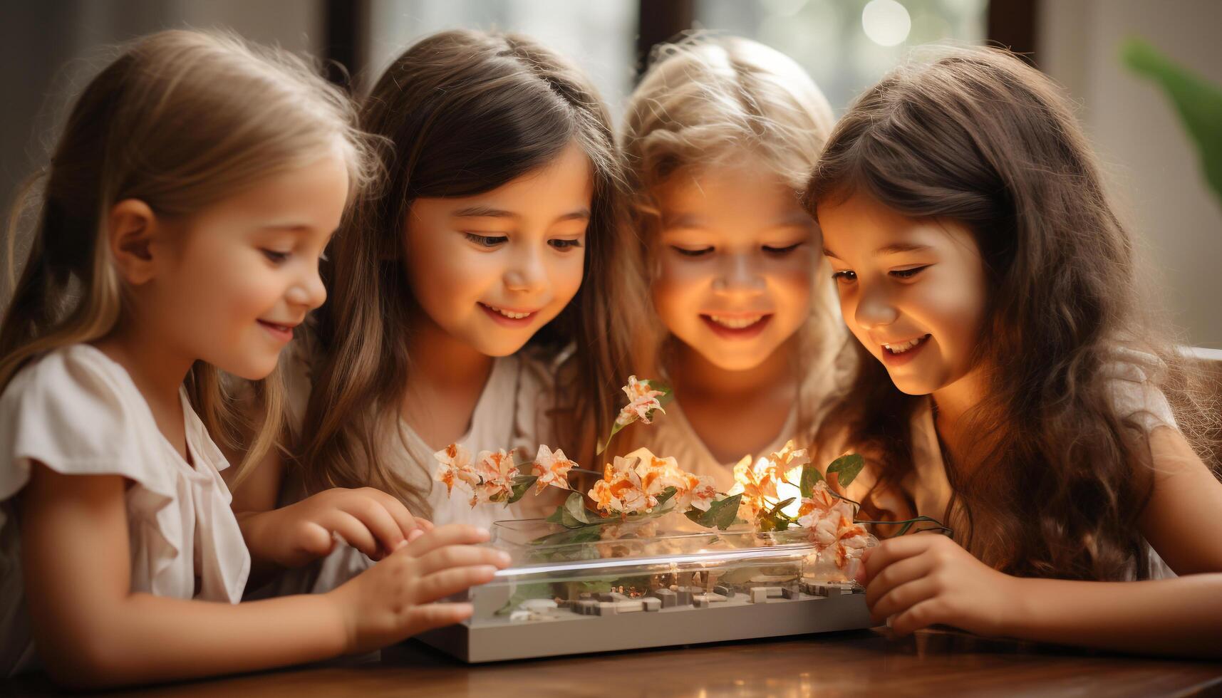 ai generado sonriente niños jugando juntos, disfrutando naturaleza y aprendizaje adentro generado por ai foto