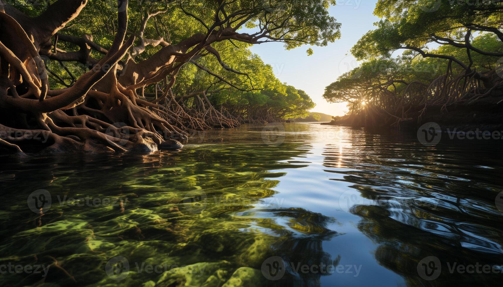 ai generado tranquilo escena puesta de sol refleja en agua, naturaleza belleza en verde generado por ai foto