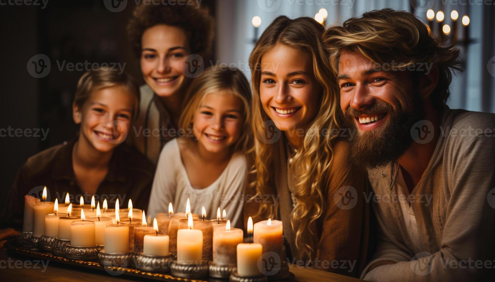 AI generated A group of smiling adults enjoying candlelit togetherness indoors generated by AI photo