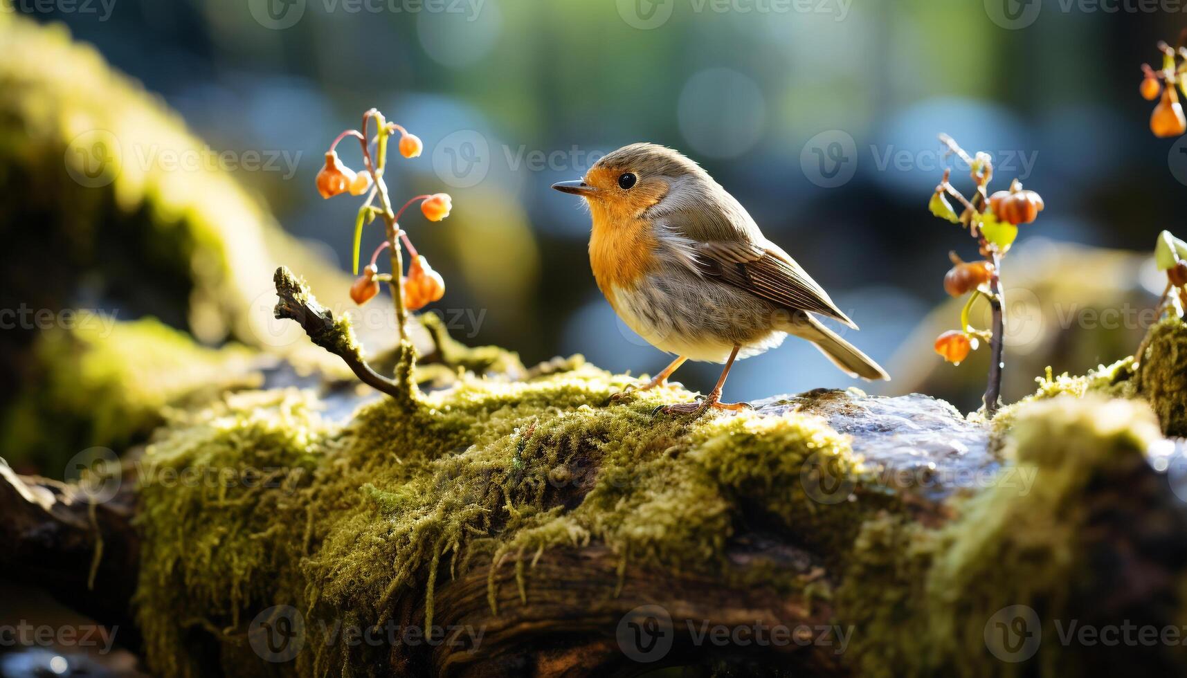 AI generated A cute bird perching on a branch, surrounded by nature generated by AI photo