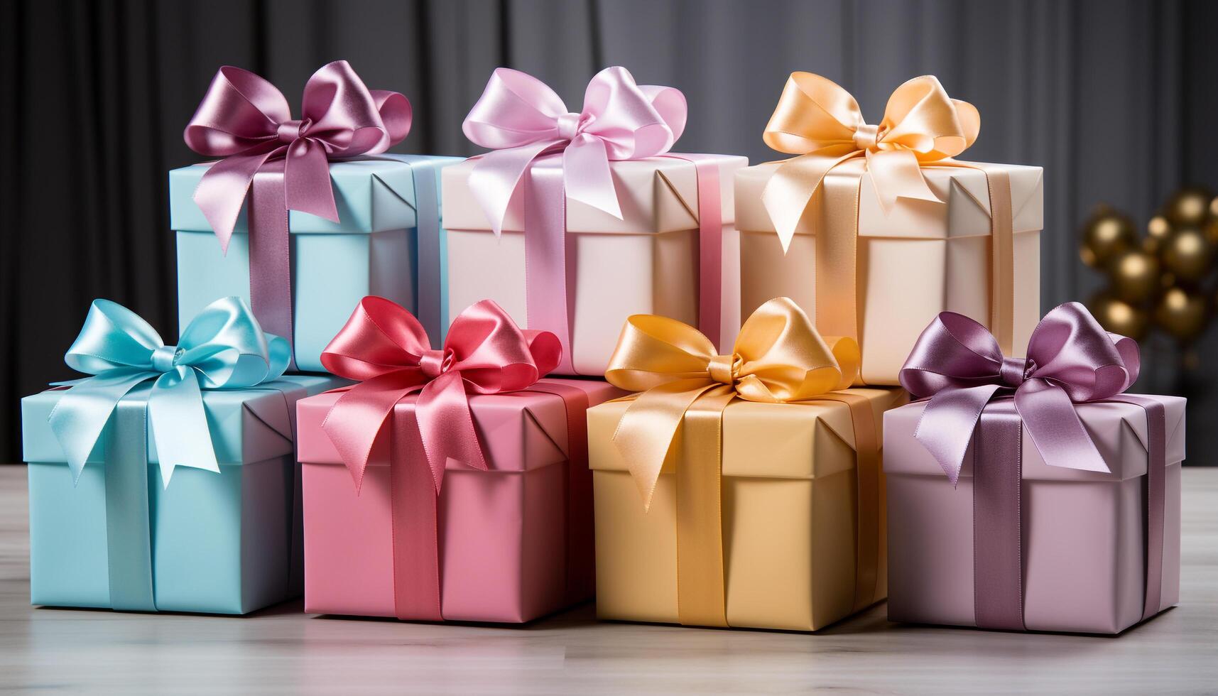 AI generated A stack of shiny gift boxes, wrapped in colorful paper generated by AI photo
