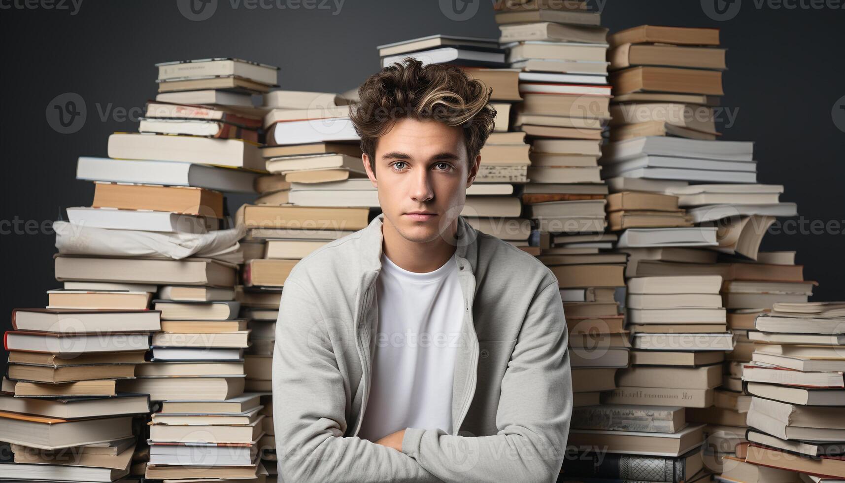 ai generado un joven estudiante estudiando en un biblioteca, leyendo libros de texto con pericia generado por ai foto