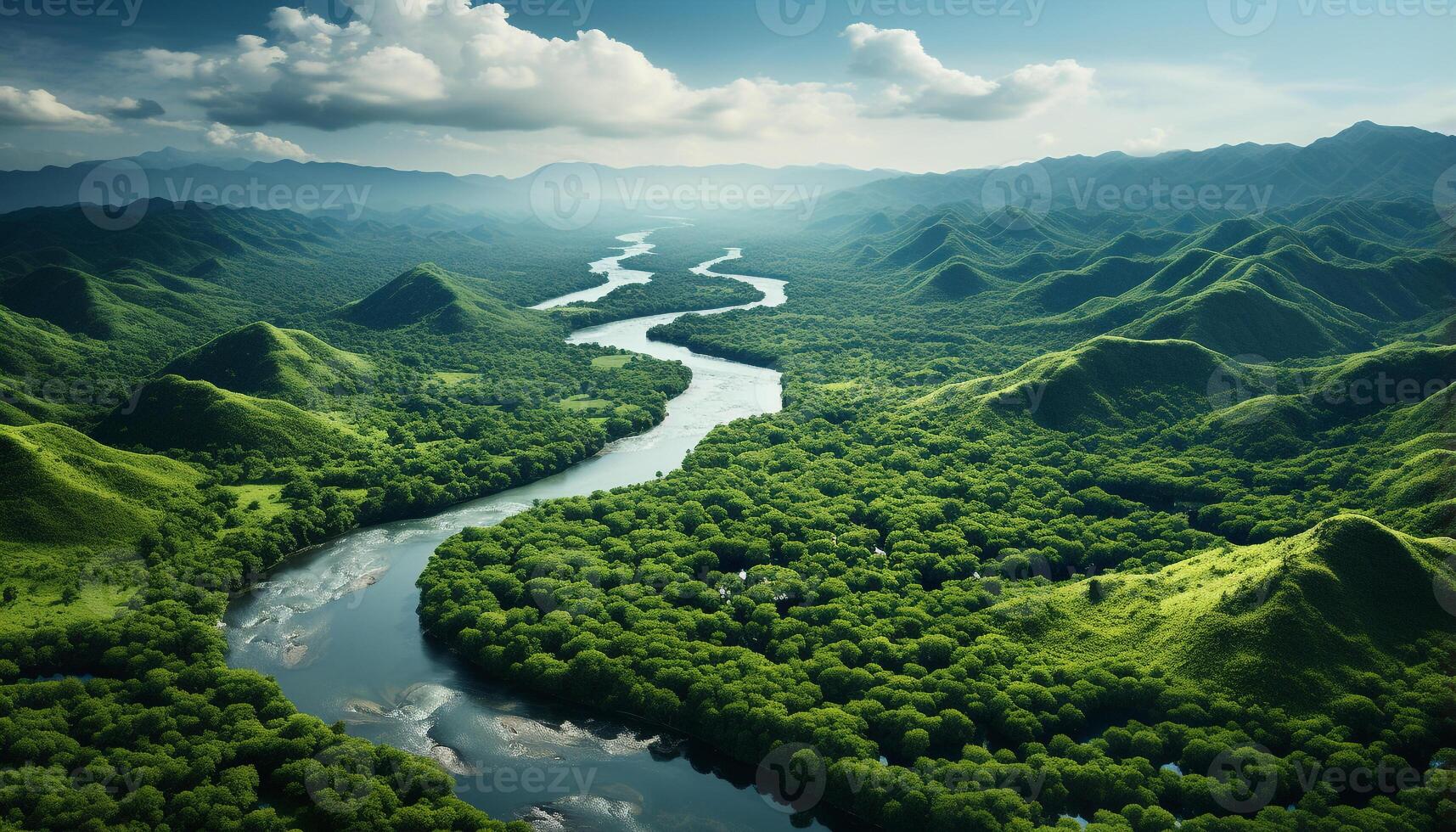 AI generated Tranquil summer meadow, green mountains reflect in flowing water generated by AI photo