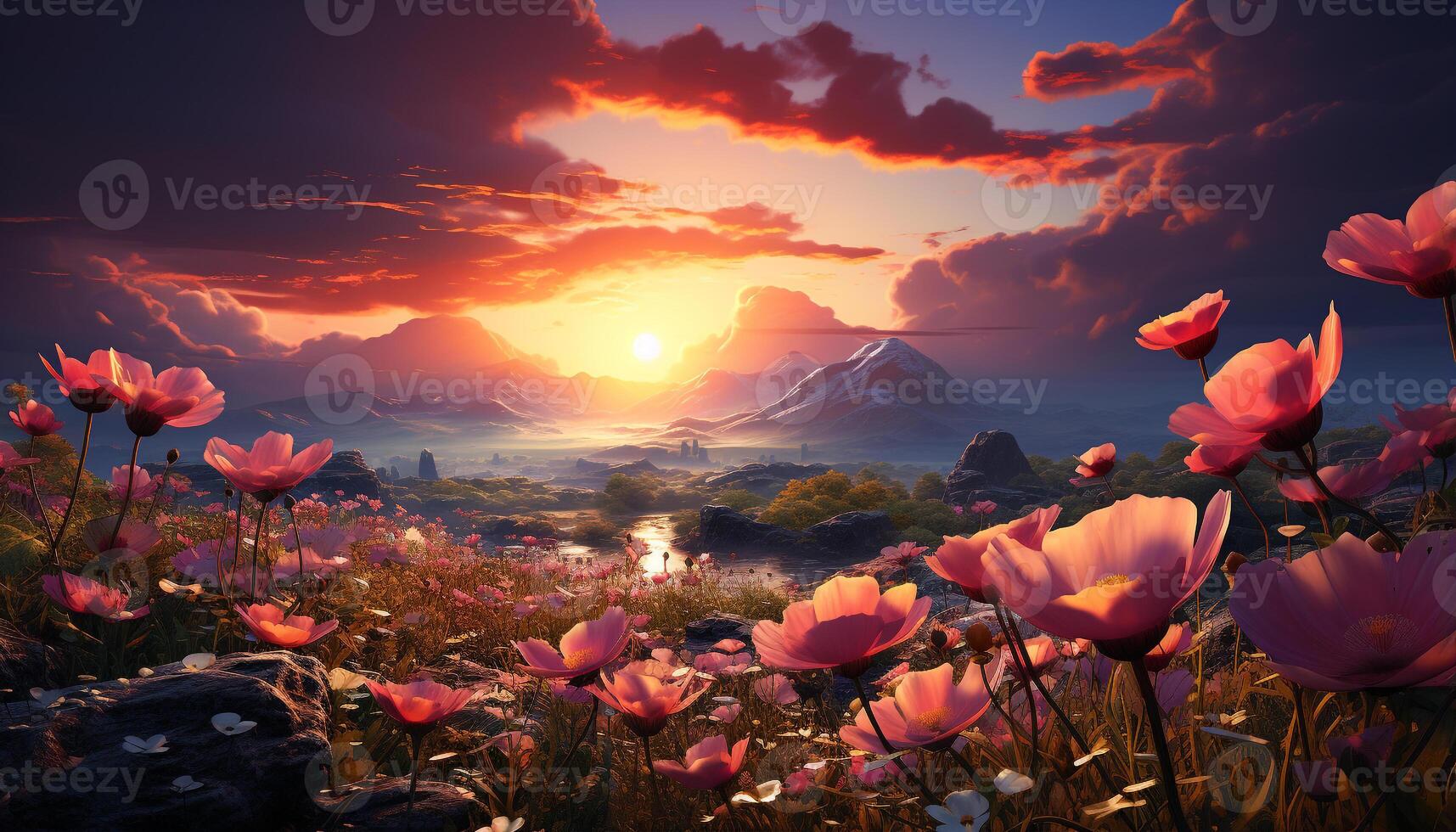 ai generado puesta de sol cielo, vibrante flor, prado naturaleza belleza en un soltero floración generado por ai foto
