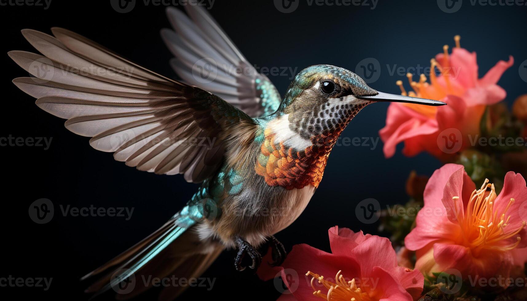ai generado colibrí volador, vibrante plumas, polinizando flores en naturaleza belleza generado por ai foto