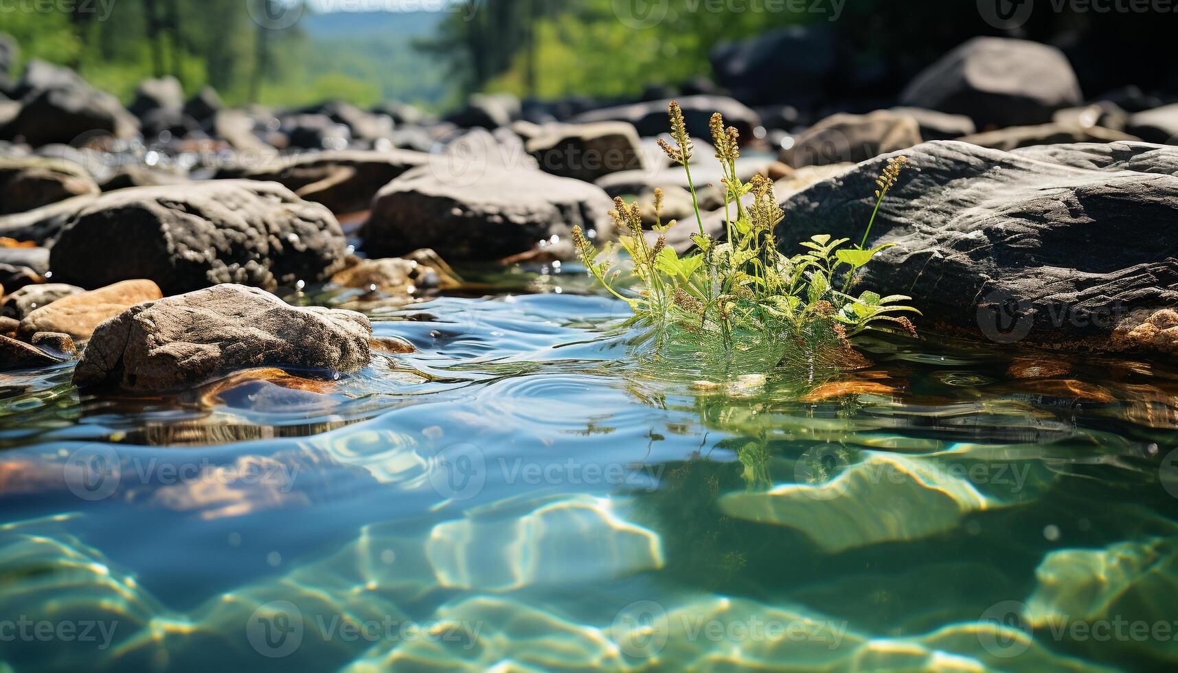 ai generado el tranquilo escena de fluido agua en el verano bosque generado por ai foto