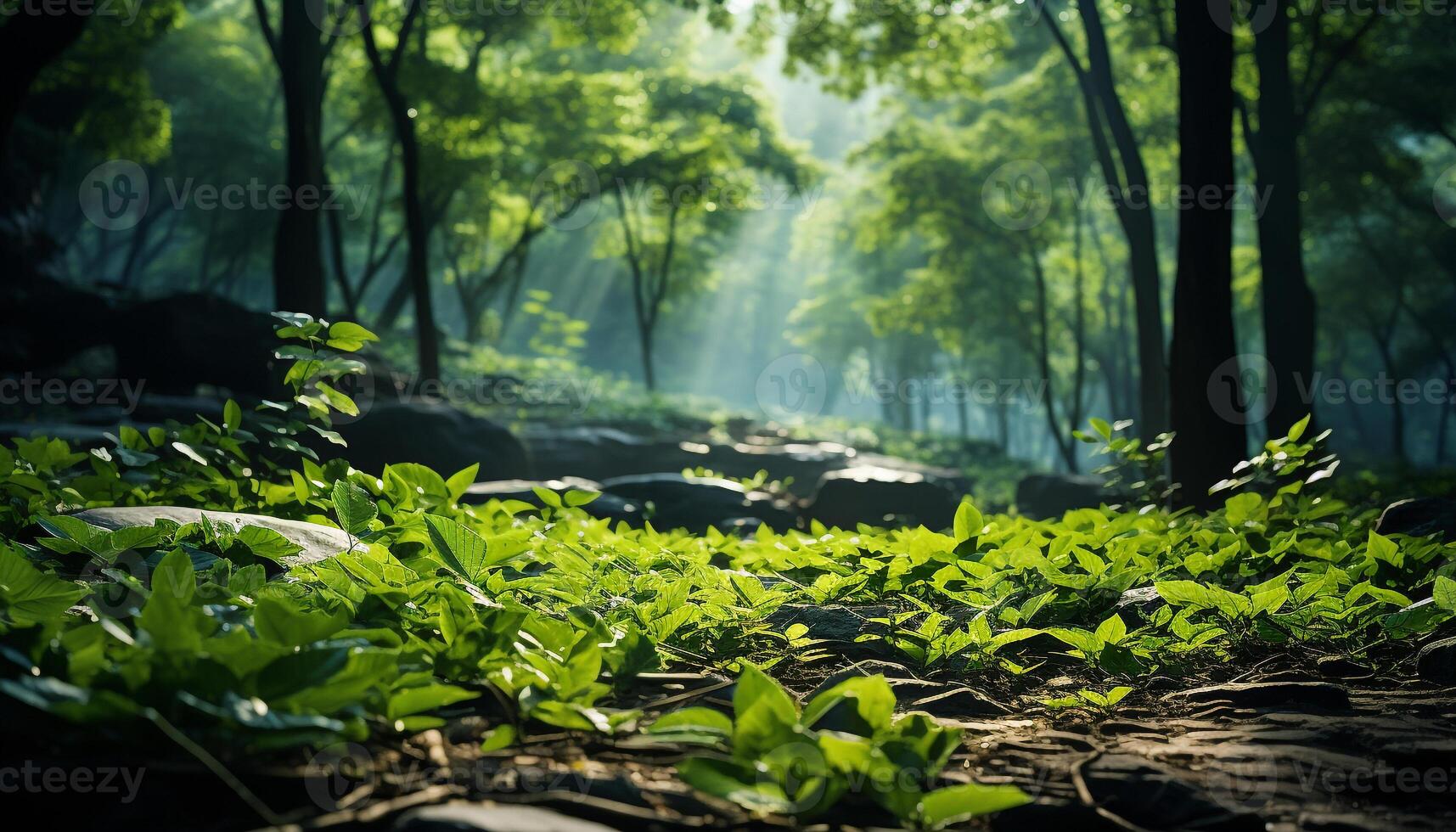 AI generated Tranquil scene  green tree, leaf, sunlight, fog, tropical rainforest generated by AI photo