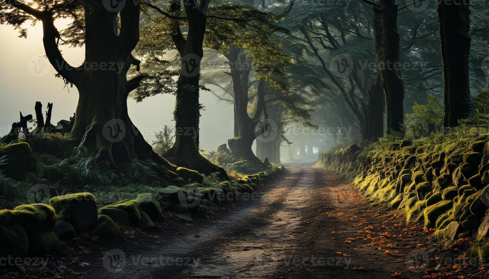 AI generated Mysterious autumn forest, foggy path, nature beauty in spooky darkness generated by AI photo