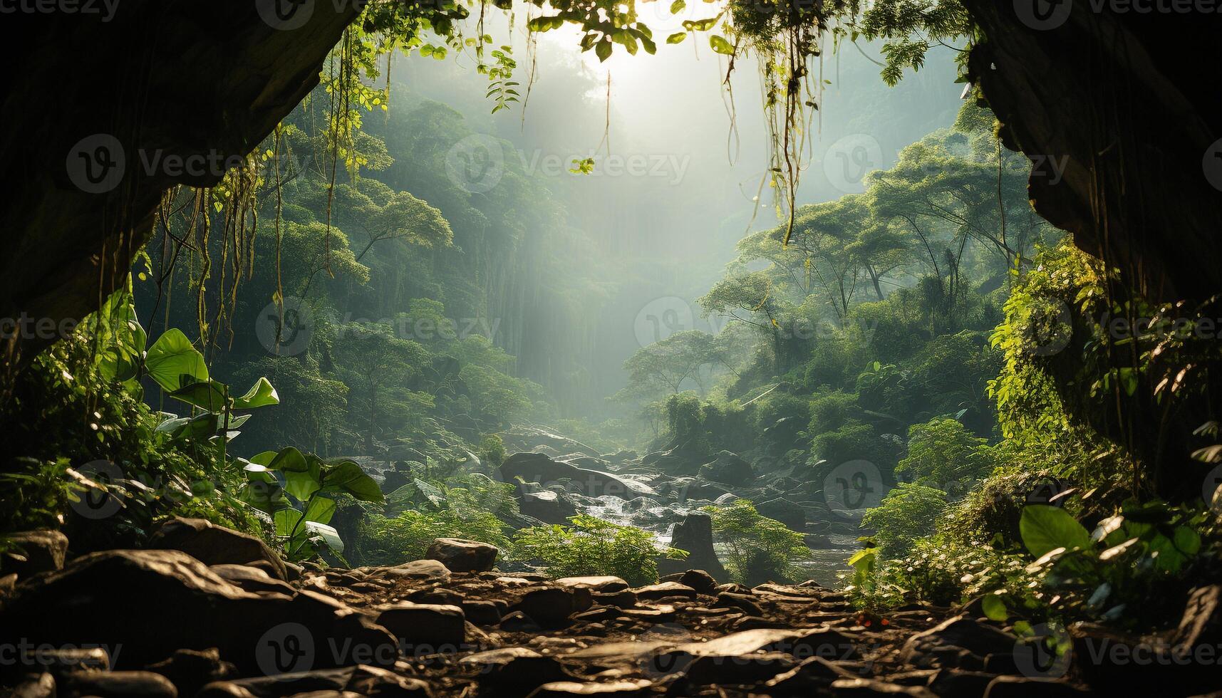 AI generated Tranquil scene  mysterious fog surrounds lush tropical rainforest generated by AI photo