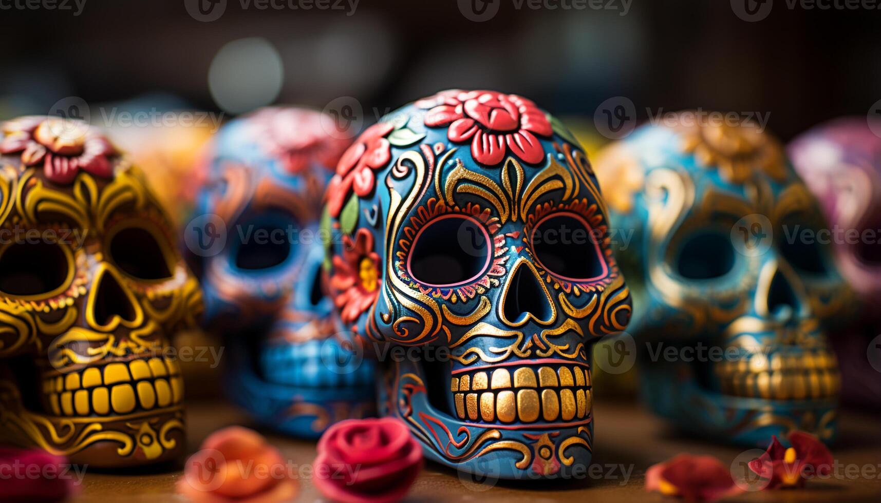 AI generated Day of the Dead celebration  colorful decorations, spooky skulls generated by AI photo