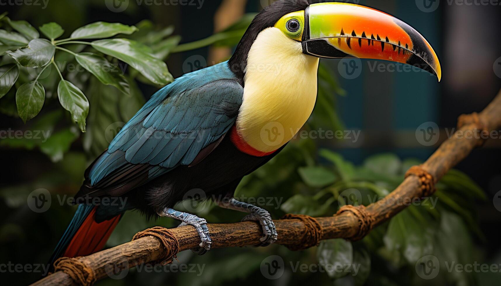 AI generated A vibrant macaw perches on a branch in the rainforest generated by AI photo