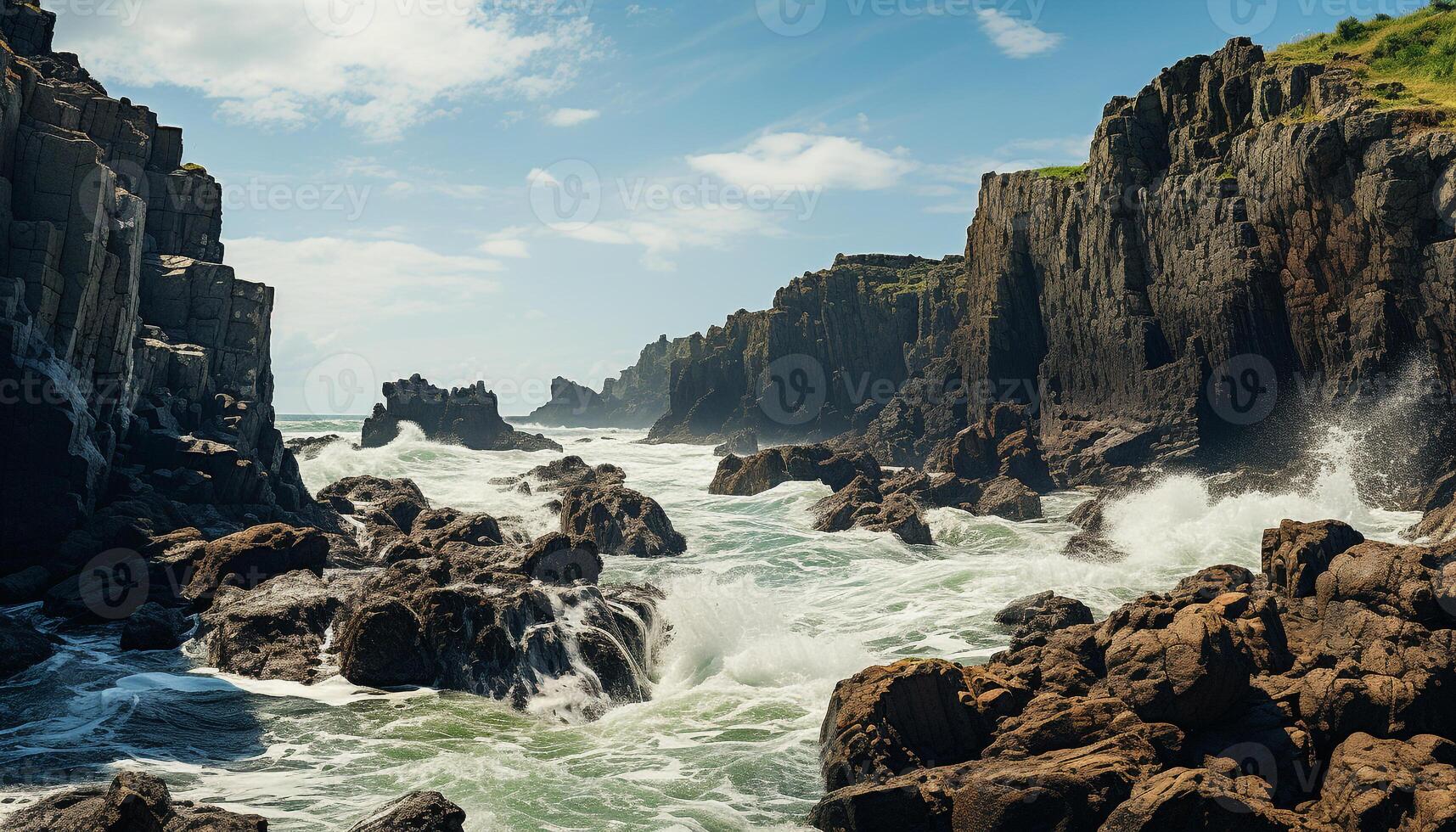 AI generated Majestic rock formations eroded by rough waves create extreme beauty generated by AI photo