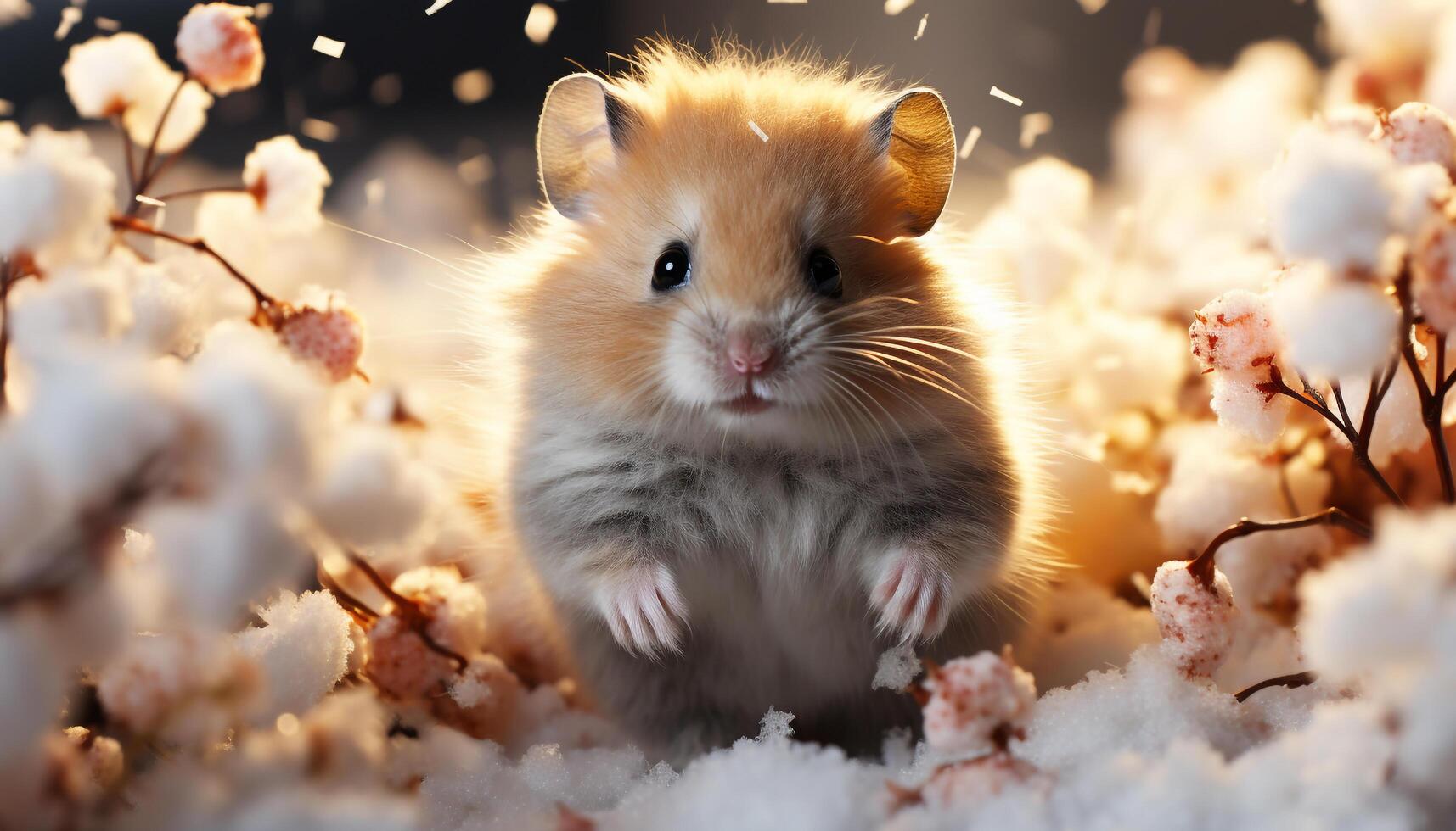 AI generated Cute kitten sitting in snow, looking at yellow sun generated by AI photo