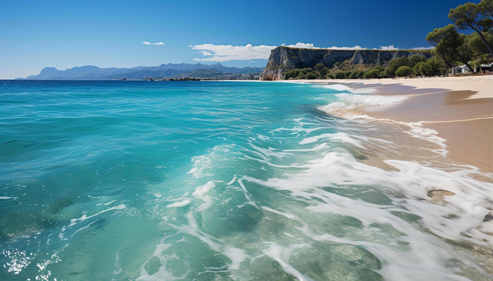 AI generated Idyllic summer coastline  blue water, sandy beach, tranquil waves generated by AI photo