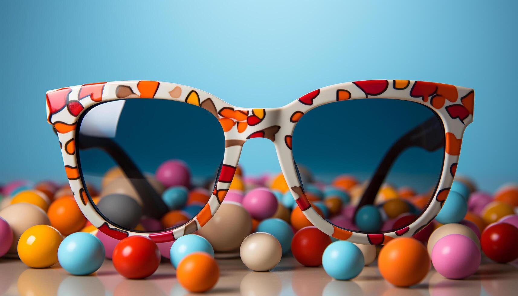 AI generated Multi colored sunglasses on blue background, fashion fun in summer generated by AI photo