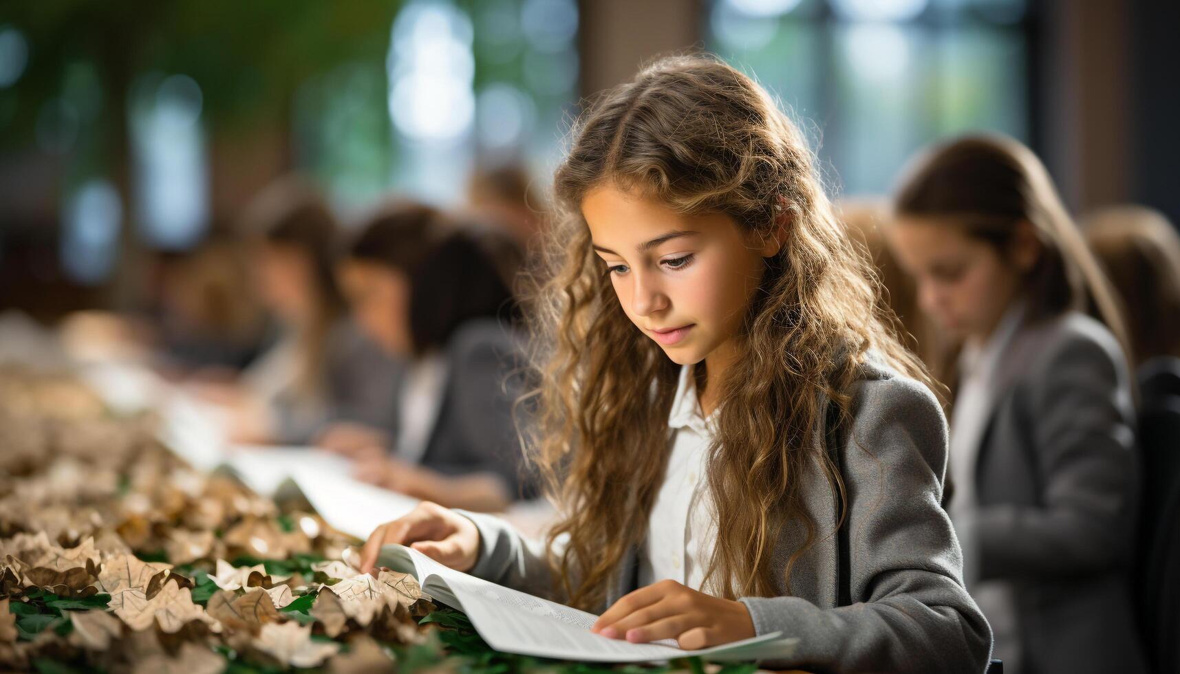 AI generated Elementary school girls studying indoors, smiling, reading, focusing on education generated by AI photo