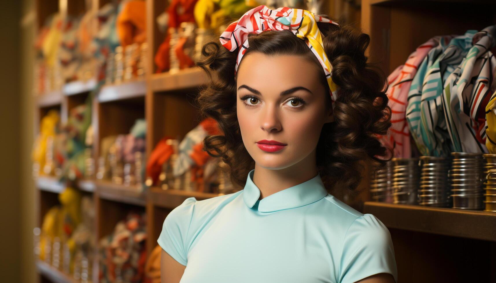 AI generated Young adult woman smiling, looking at camera, shopping in retail store generated by AI photo