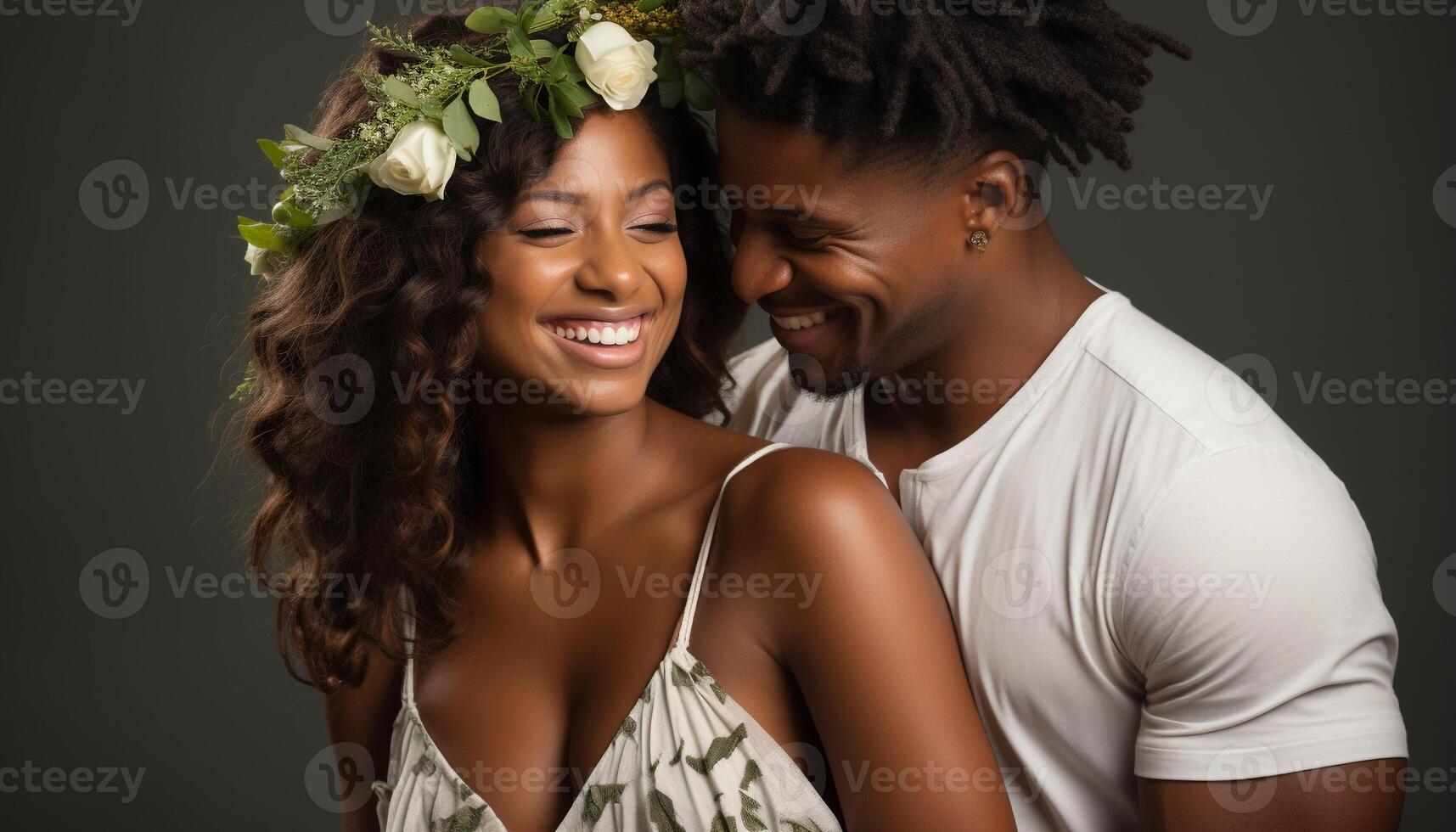 AI generated Young couple embracing, smiling, in love, looking at camera generated by AI photo