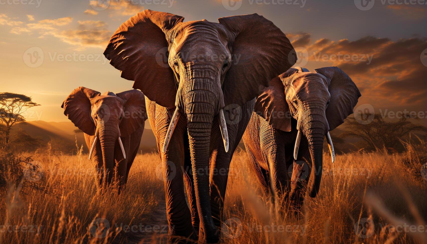 AI generated African elephant herd walking in the sunset on the savannah generated by AI photo