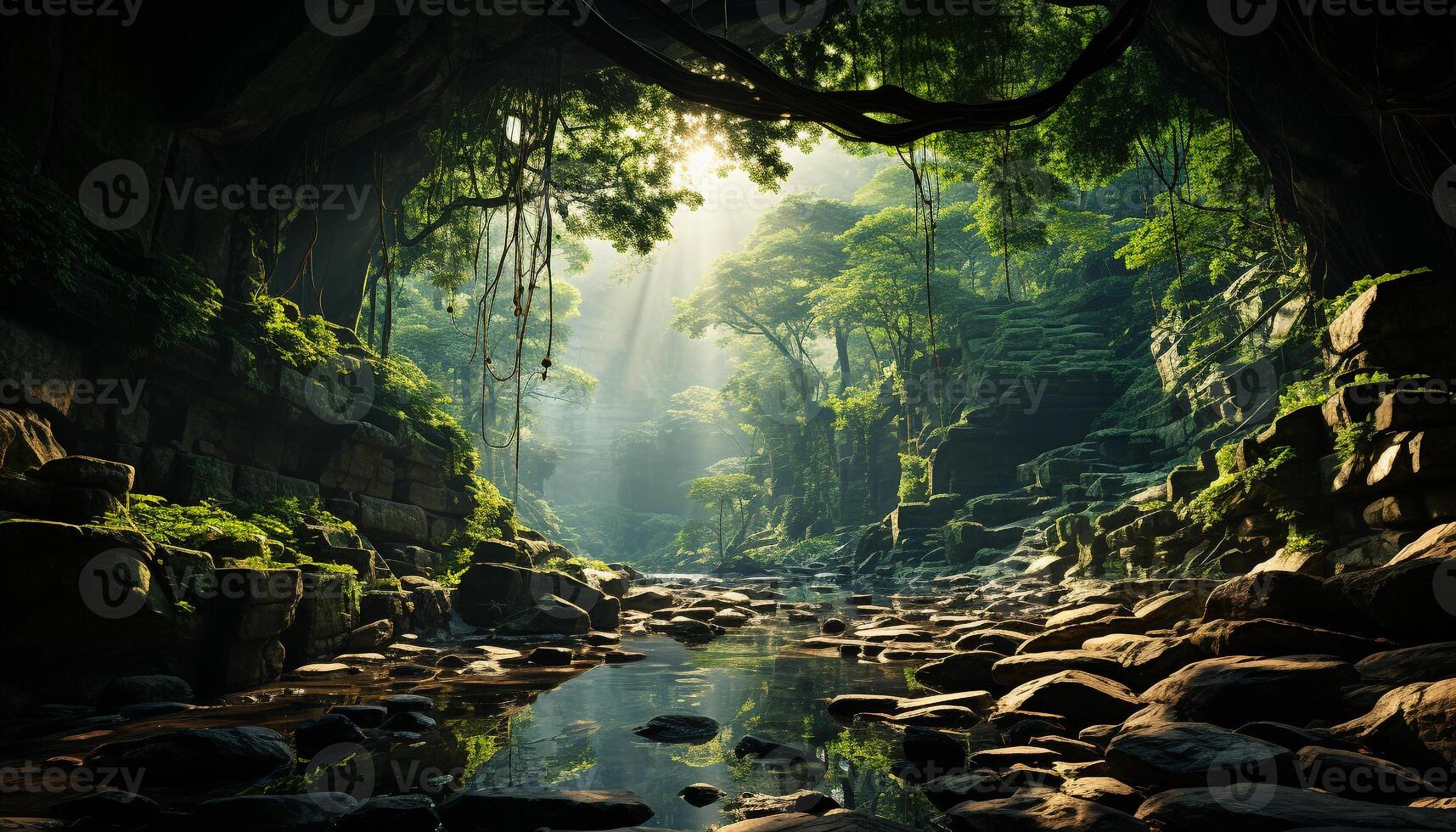 AI generated Tranquil scene  green tree, flowing water, reflecting sunlight on pond generated by AI photo