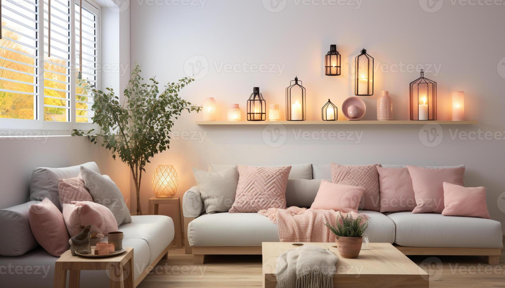 AI generated Cozy modern living room with comfortable sofa and bright lighting generated by AI photo