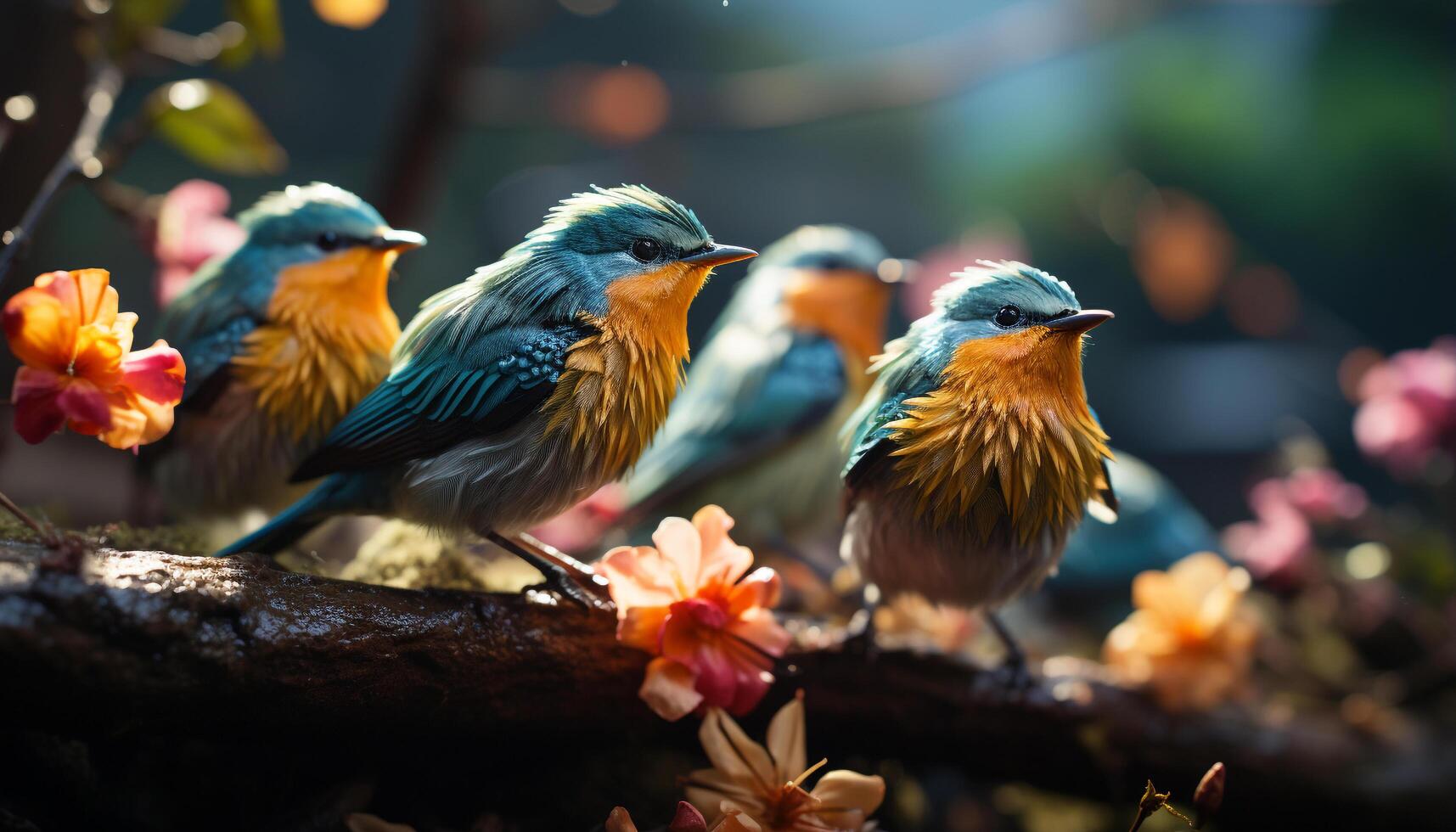 AI generated A cute bird perching on a branch, surrounded by vibrant flowers generated by AI photo