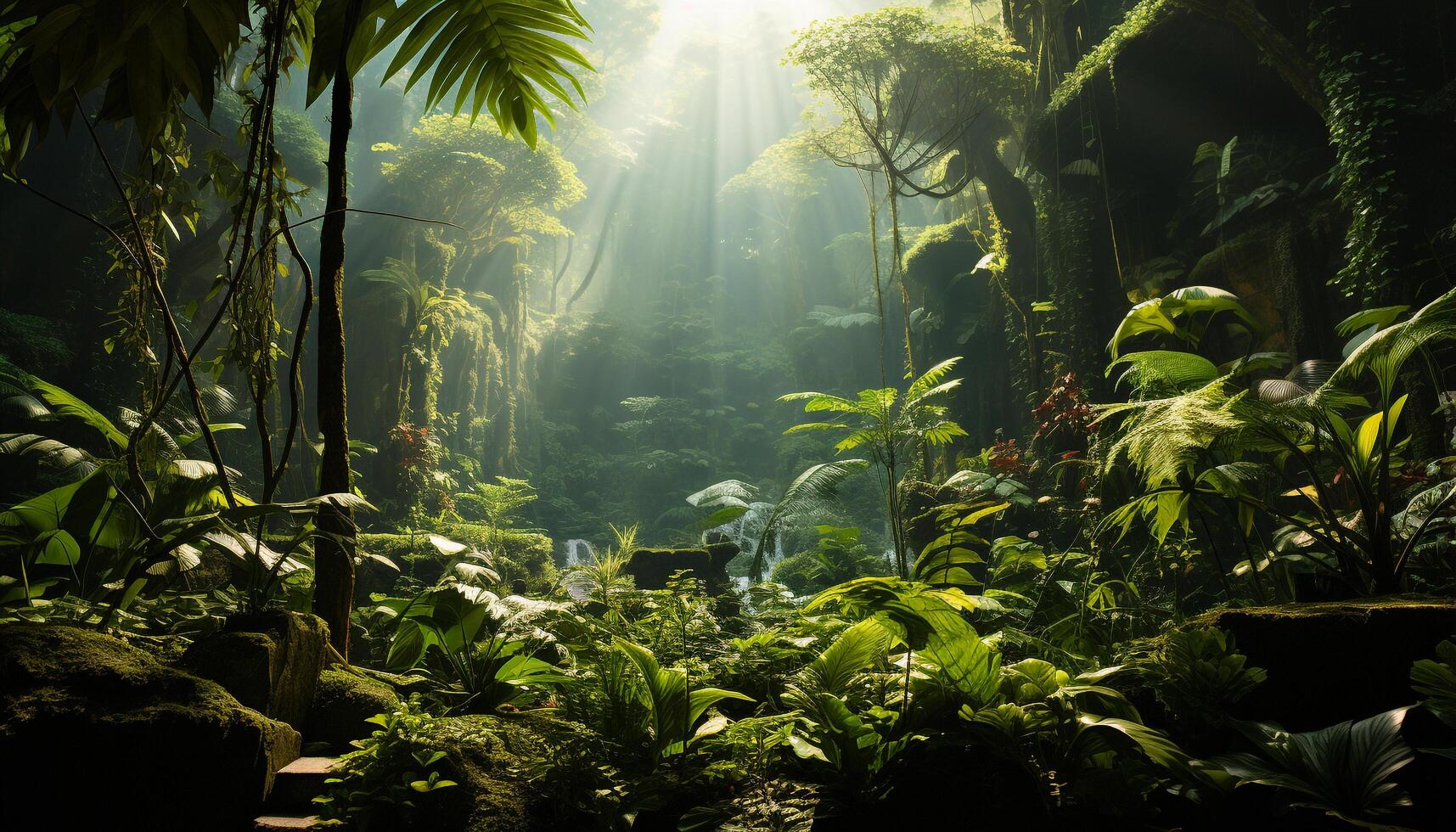 AI generated Mysterious tropical rainforest  dark, spooky, beauty in nature, adventure awaits generated by AI photo