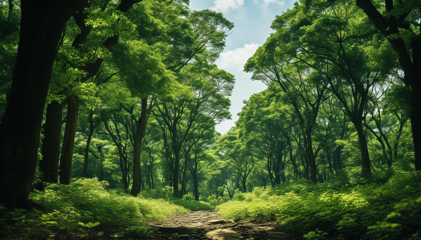 ai generado tranquilo escena verde árbol, verano prado, luz de sol, pacífico bosque generado por ai foto