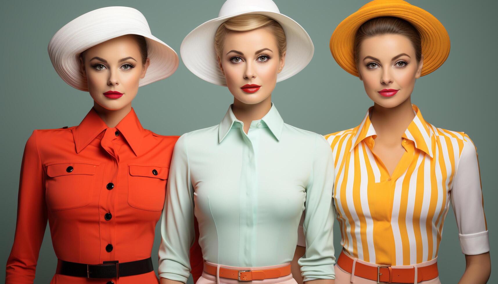 AI generated Three fashionable women in yellow clothing exude confidence and elegance generated by AI photo