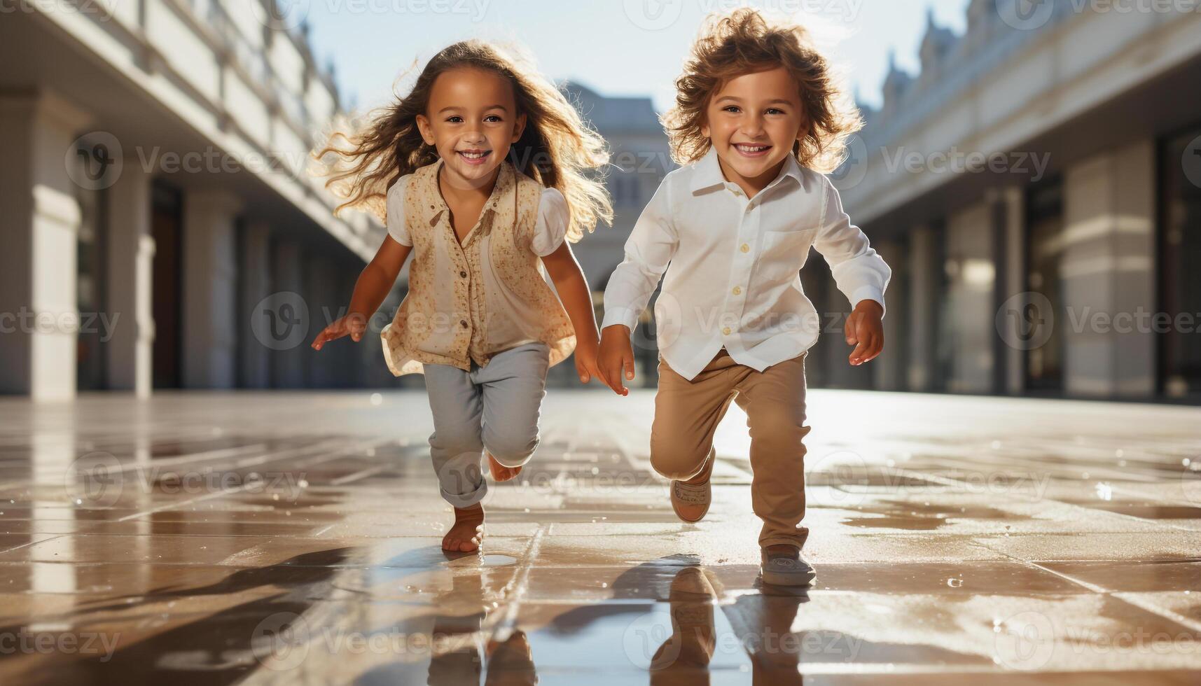 AI generated Smiling children running outdoors, bonding in cheerful togetherness and happiness generated by AI photo