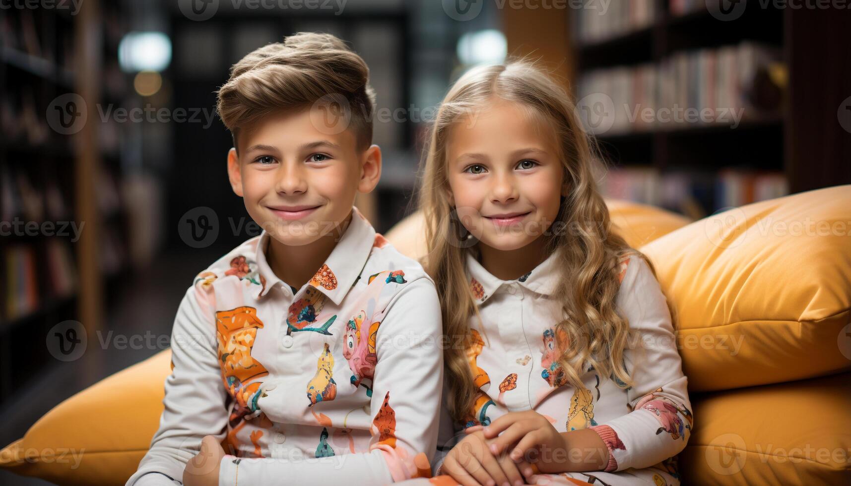 AI generated Smiling children sitting together, looking at camera, enjoying education generated by AI photo