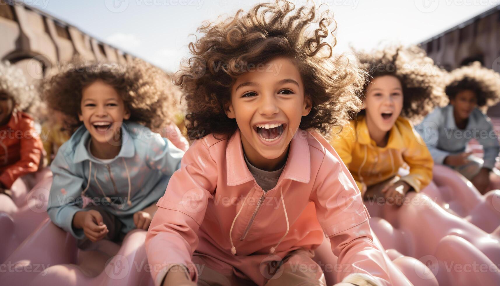 ai generado grupo de niños jugando al aire libre, sonriente y teniendo divertido juntos generado por ai foto