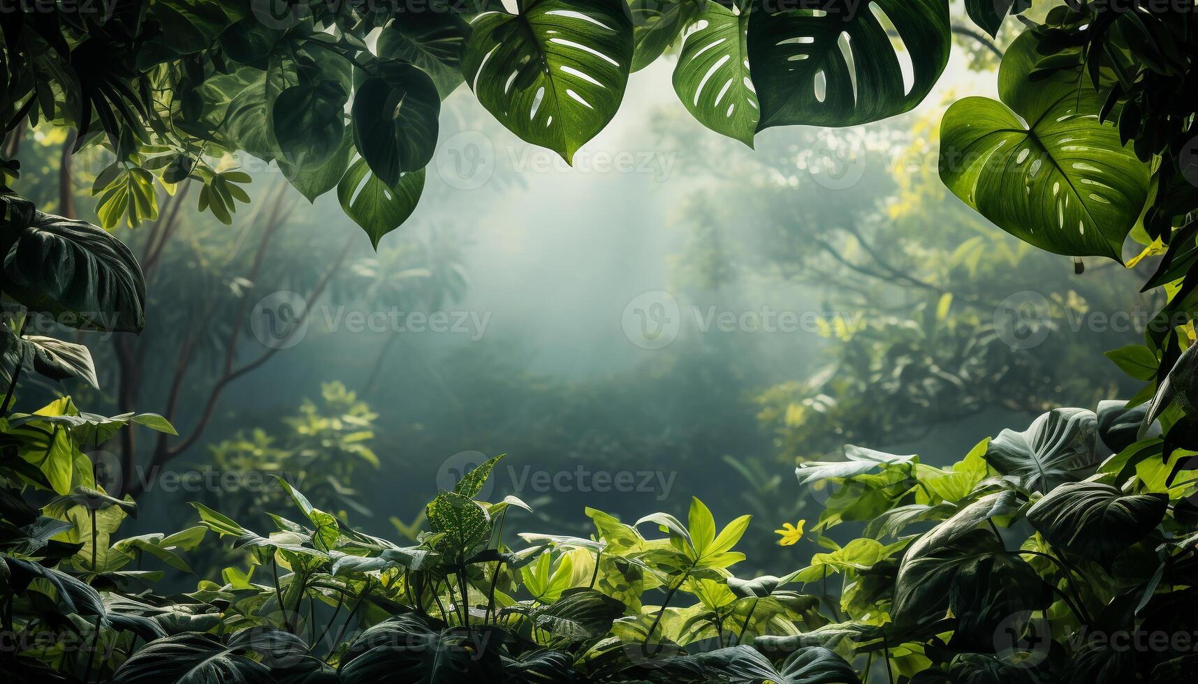 AI generated Freshness of green leaves in tropical rainforest under sunlight generated by AI photo