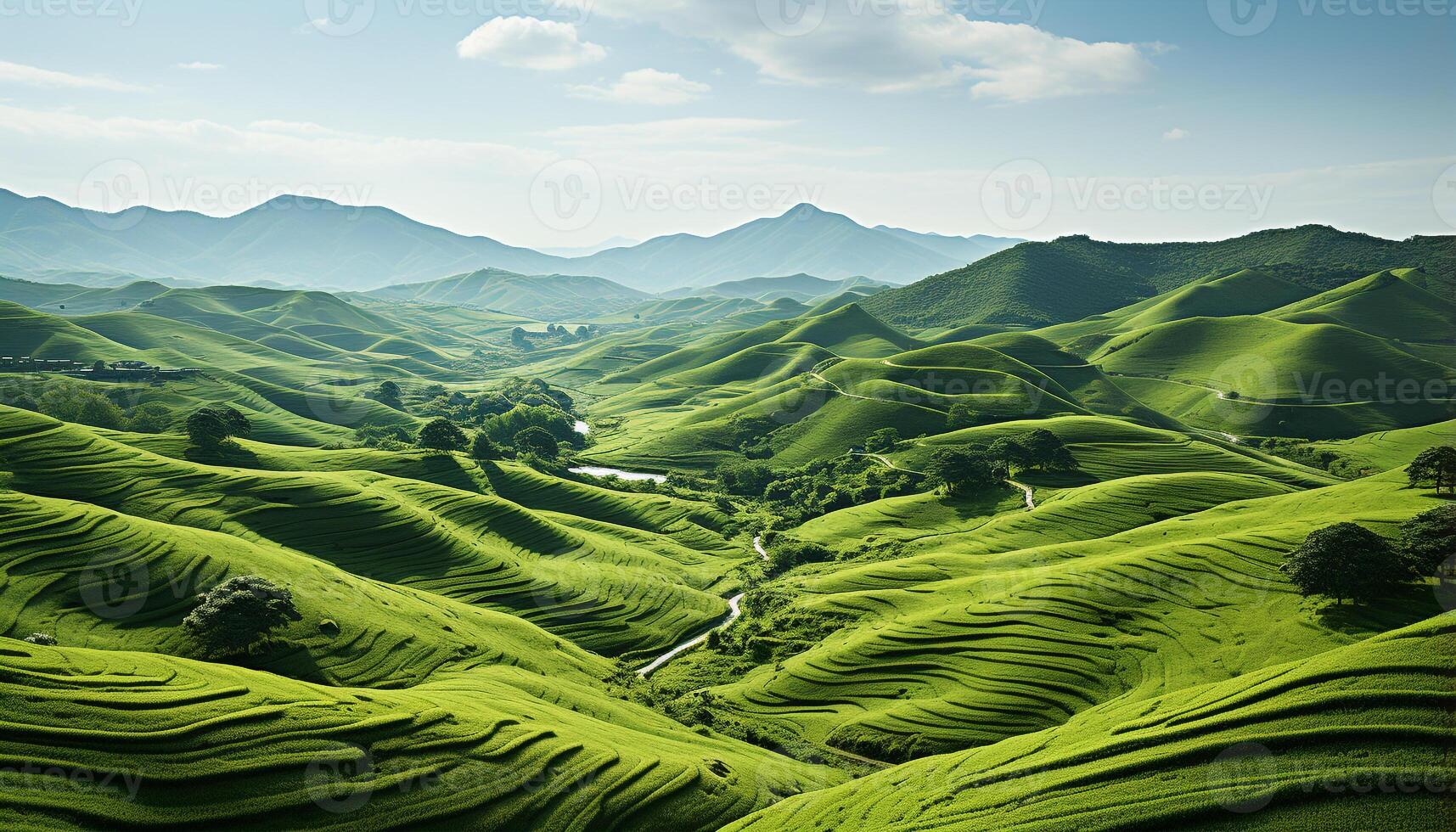 AI generated Idyllic rice paddy meadow, rolling landscape, mountain range, tranquil scene generated by AI photo