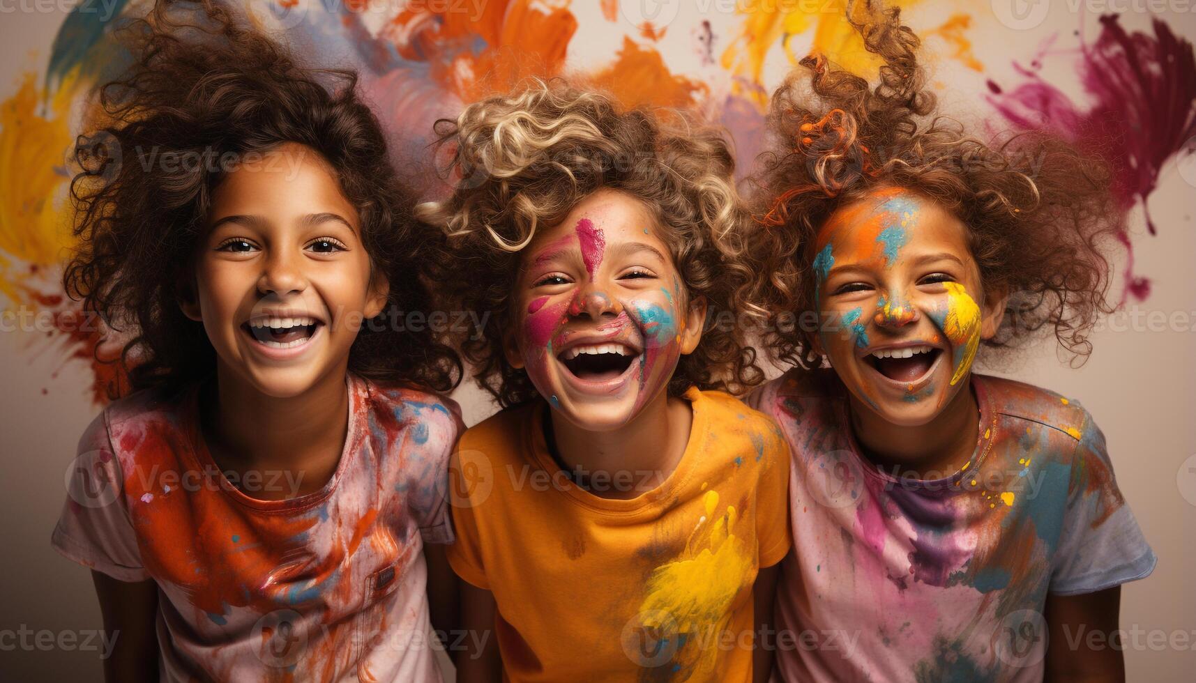 AI generated Smiling children playing, joyful laughter, colorful paint, carefree summer fun generated by AI photo