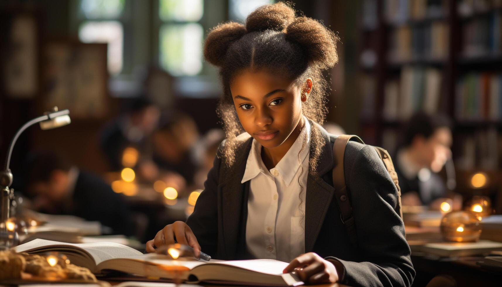 AI generated African student reading, smiling, surrounded by books in library generated by AI photo