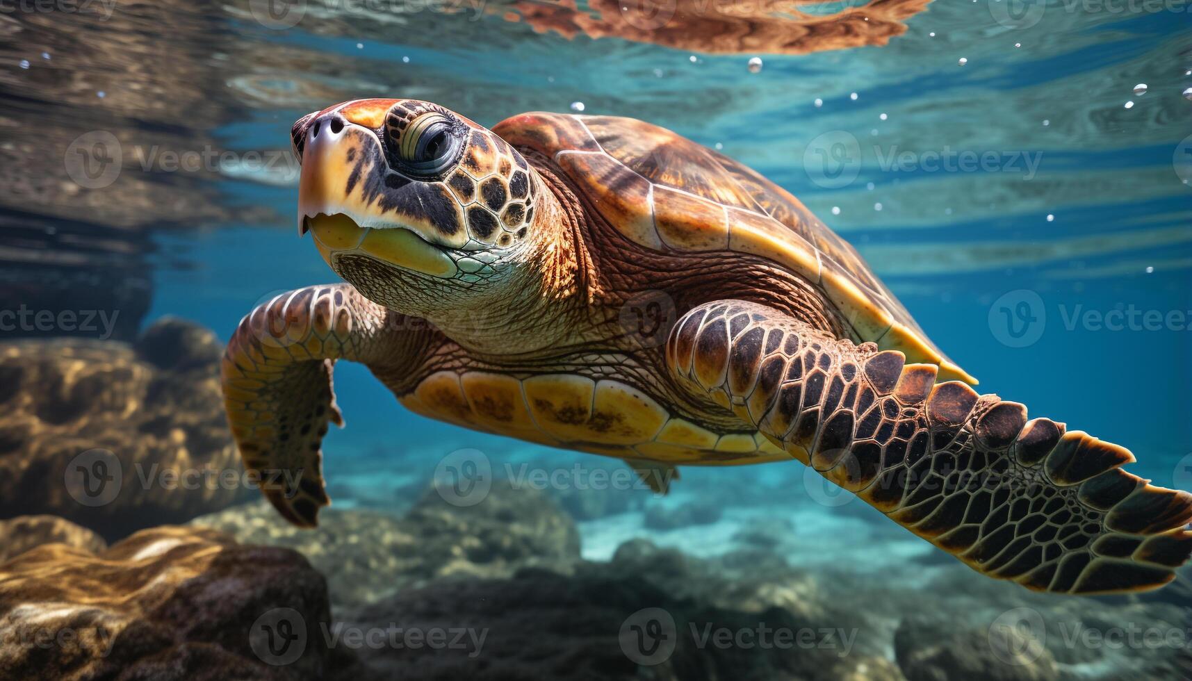 AI generated A slow turtle swims in the blue underwater paradise generated by AI photo